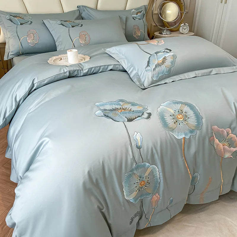 Egyptian Cotton Bedding Set Luxury Embroidery Double Duvet Cover Pure Cotton Flat or Fitted Bed Sheets and Pillowcases Bed Set