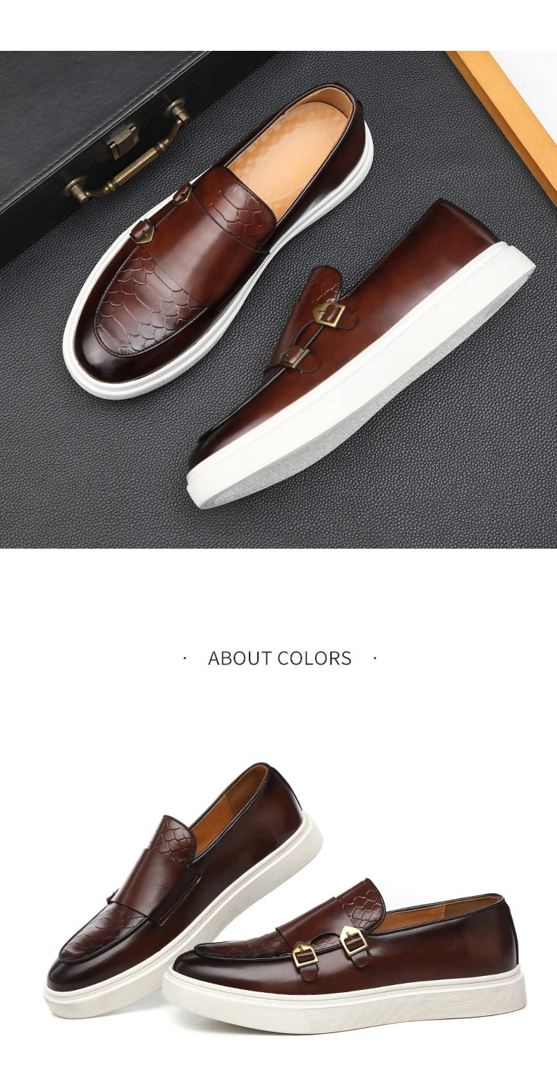 Man Casual Shoes Fashion Snakeskin Grain Leather Men's Retro British Style Loafers Slip-on Outdoor Flats Monk Shoe