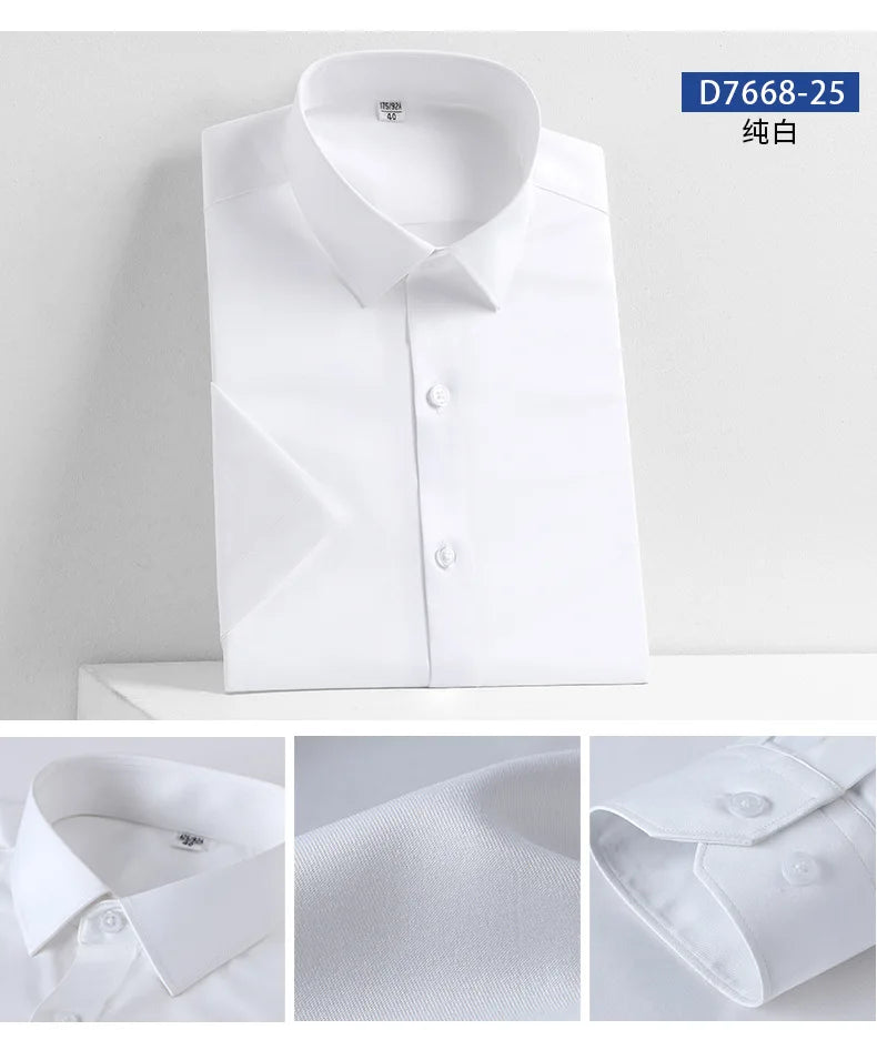 5XL Silk Smooth Formal Dress Quality Social Summer Short Sleeve Men's Shirt Business Slim Fit Casual Pure White Non iron