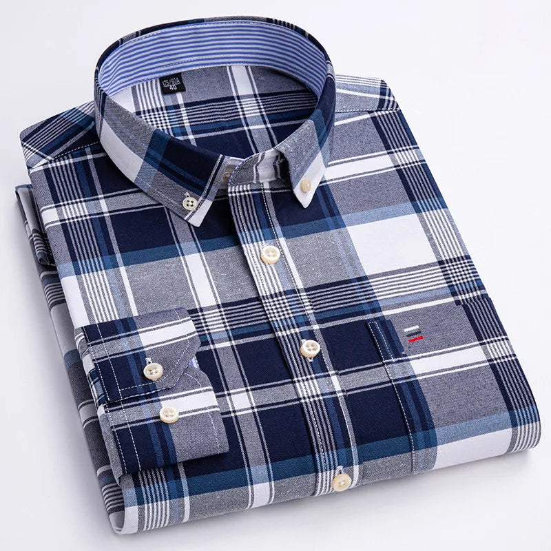 100% Cotton Mens Oxford Shirts New Hot Sale Long Sleeve Casual Stripe Soft Buttoned Plaid Formal Male Clothes Plus Size 7XL 6XL