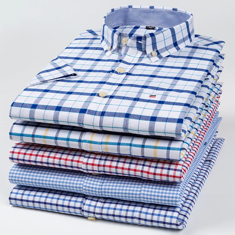 100% Cotton Breathable Men Oxford Short Sleeve Summer Plaid Shirts Striped Male Clothes Business Regular Fit Oversized