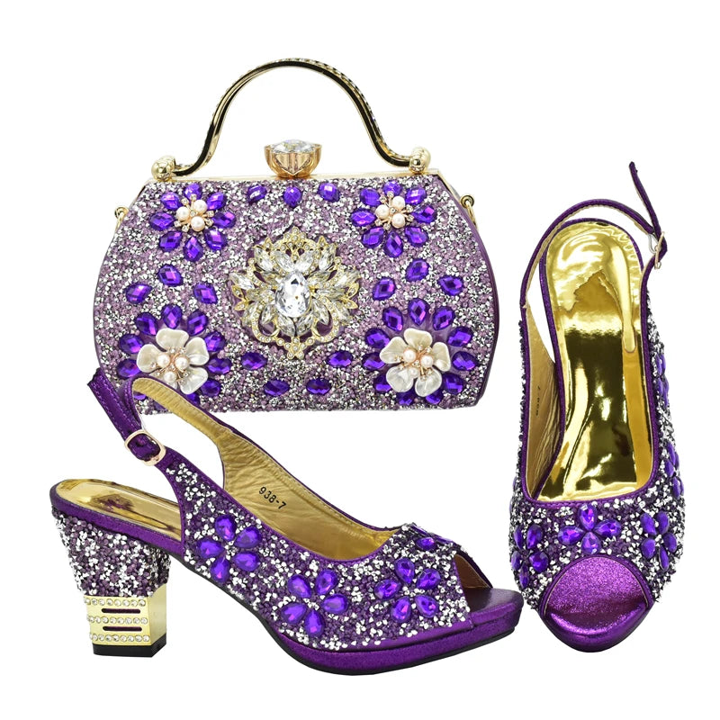 New Arrival Italian Women Wedding Shoes and Bag Set Decorated with Rhinestone Purple Shoes and Bags Sets Wedding Shoes Bride