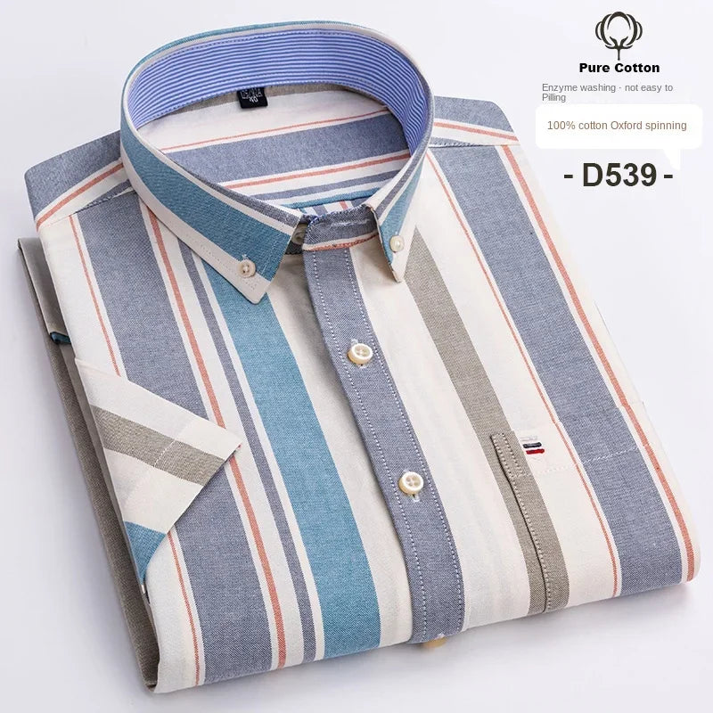 100% Cotton Breathable Men Oxford Short Sleeve Summer Plaid Striped Male Shirt Business Regular Fit Oversized Clothes