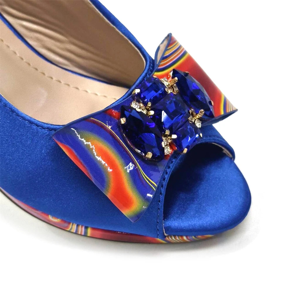 Venus Chan New Italian Shoes and Bag for Party 2024 Blue Color Rhinestones Painted Pattern Elegant Woman Peep Toe High Heels