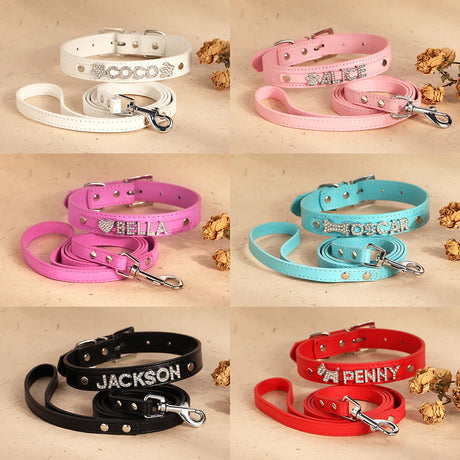 Personalized Dog Name Collar Bling Rhinestone Puppy Cat Collar and Leash Set Custom Necklace for Small Medium Pet Pug Chihuahua