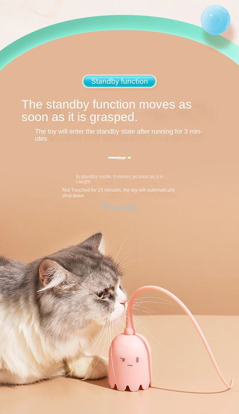 Interactive Cat Toys USB Electric Intelligent Rolling Ball Toy Cats Pet Silicone Automatic Rotate Mouse Tail Kitten Teaser Stick