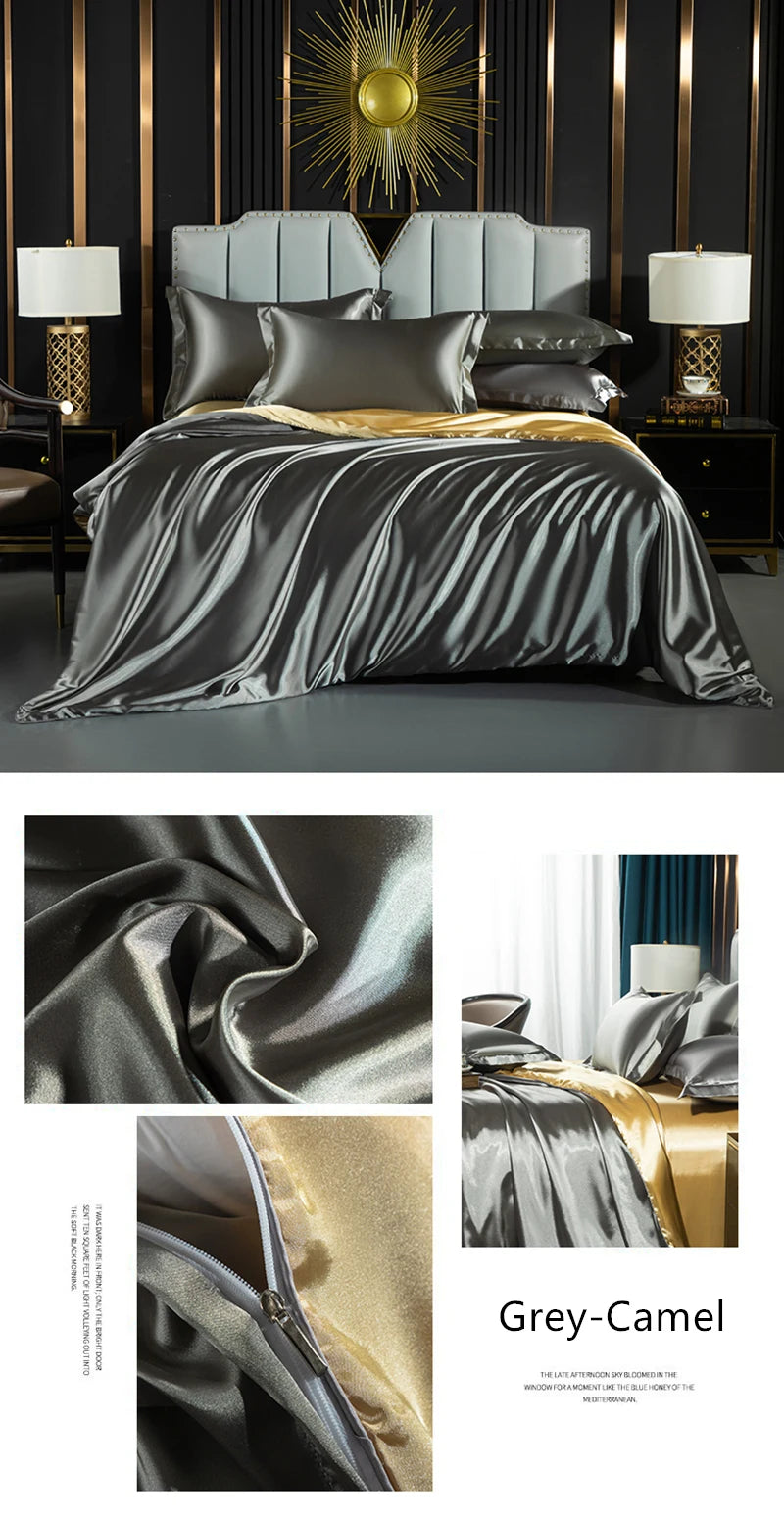 Solid Silk Bedding Set with Duvet Cover Fitted/Flat Bed Sheet Pillowcase Luxury Couple Bedsheet King Queen Double Twin Size