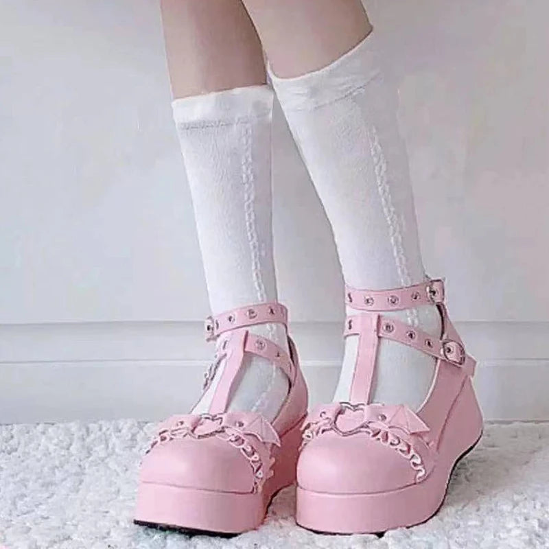 new Sweet Heart Buckle Wedges Mary Janes Women Pink T-Strap Chunky Platform Lolita Shoes Woman Punk Gothic Cosplay Shoes 43