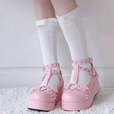 new Sweet Heart Buckle Wedges Mary Janes Women Pink T-Strap Chunky Platform Lolita Shoes Woman Punk Gothic Cosplay Shoes 43