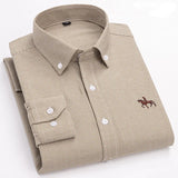 100% Cotton Oxford Shirt Men's Long Sleeve Embroidered Horse Casual Without Pocket Solid Yellow Dress Shirt Men Plus Size S-6XL