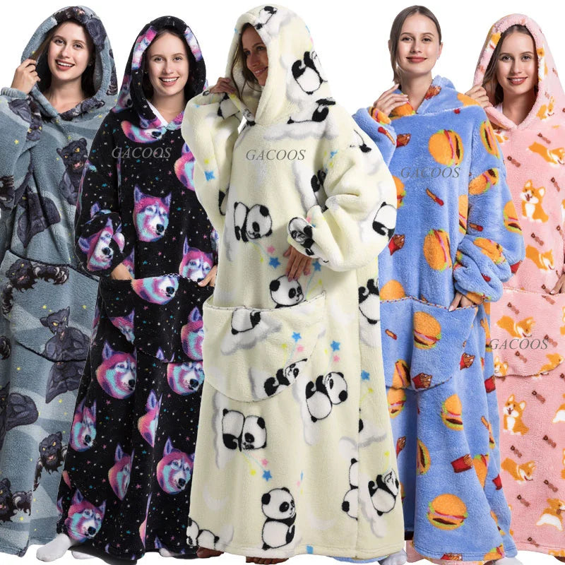 Extra Long Winter Hoodie Flannel Warm Blanket with Sleeves Women Hoodies Oversized Sweatshirt Couples Pullover Giant TV Blanket