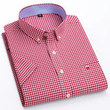 2023 100% Pure Cotton Men's Oxford Short Sleeve Square Collar Soild Plaid Striped Summer Casual Shirts Single Pocket  Shirt