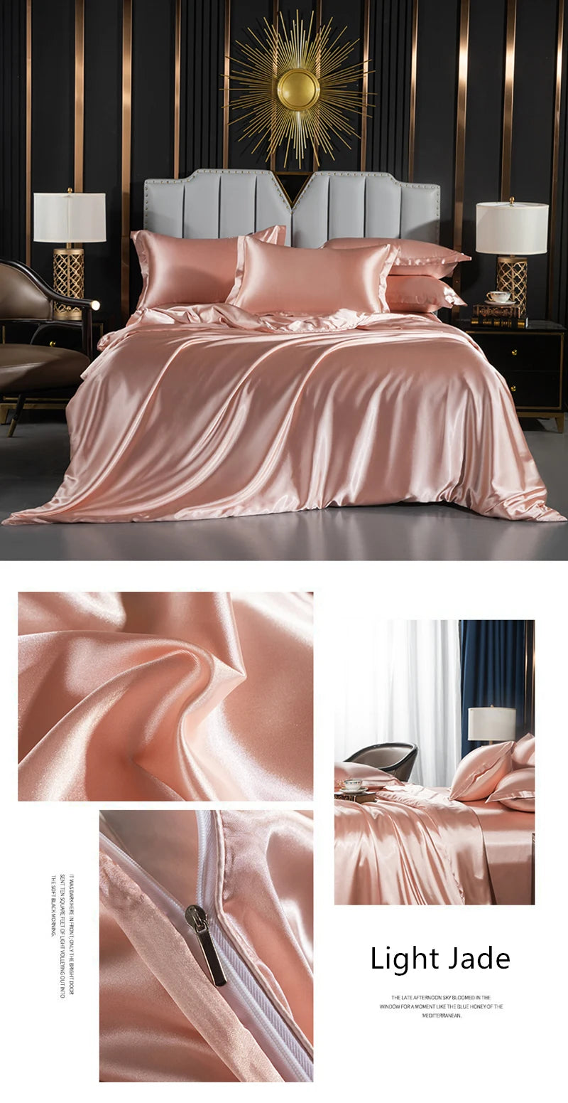 Solid Silk Bedding Set with Duvet Cover Fitted/Flat Bed Sheet Pillowcase Luxury Couple Bedsheet King Queen Double Twin Size