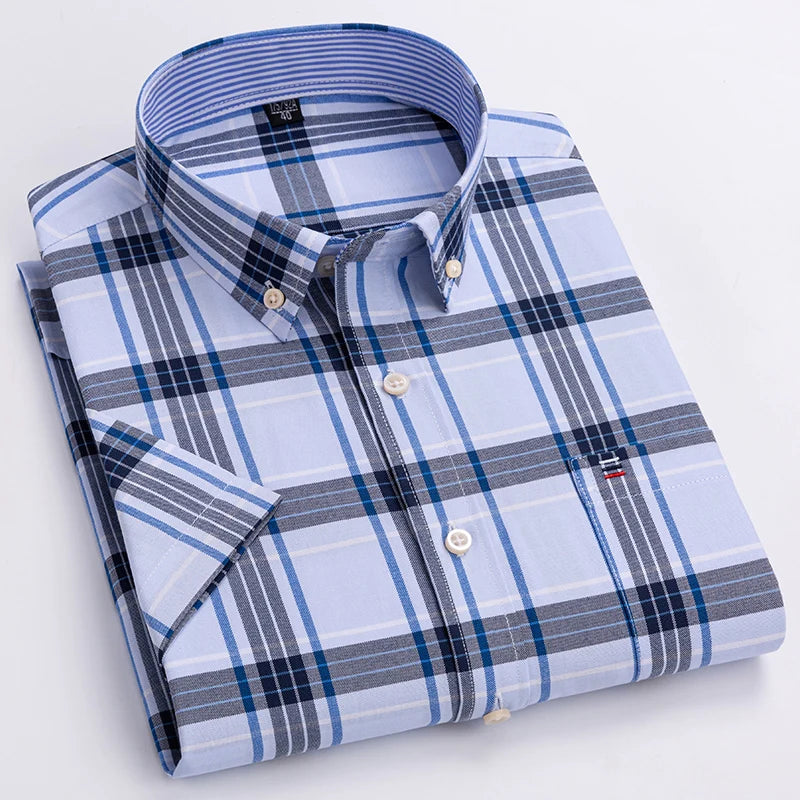 100% Cotton Breathable Men Oxford Short Sleeve Summer Plaid Shirts Striped Male Clothes Business Regular Fit Oversized