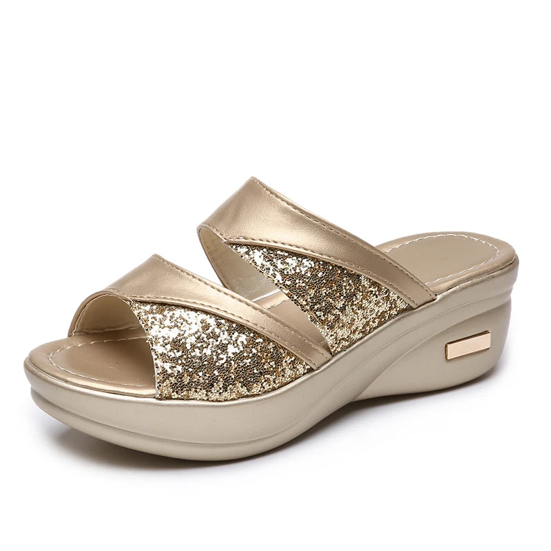 2022 New Women Summer Slippers Ladies Glitter PU Wedges Shoes Female Casual Slingbacks Sandals Comfortable Platform Woman