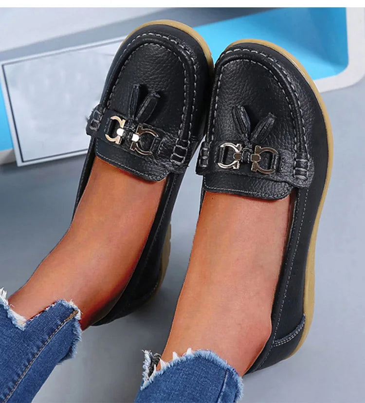 Genuine Leather Women Flats Fashion Casual Women Shoe Moccasins Shoes Woman Slip On Flat Shoes Black Ladies Shoes Plus Size