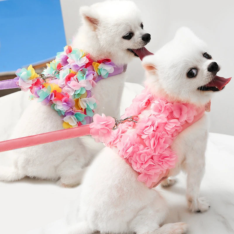 Dog Cat Harness Leash Set Adjustable Lace Floral Printed Pet Harness Vest Cute Dog Clothes Puppy Mesh Harness Dog Accessories