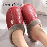 Winter Home Slippers for Men Memory Foam Massage House Slippers With Fur PU Leather Waterproof Indoor Male slipper Plus Size 51