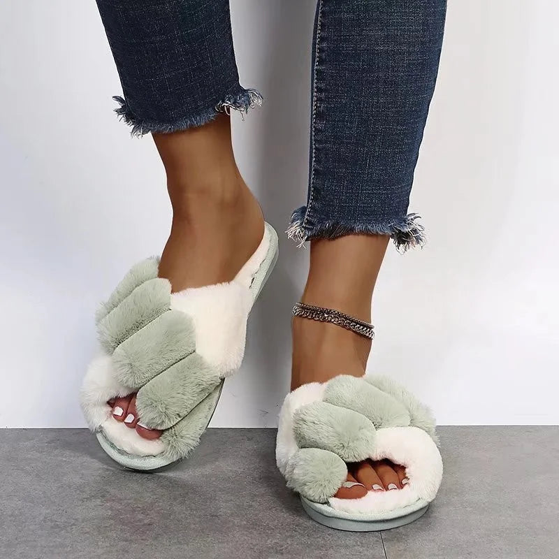 Women Winter House Furry Slippers Fluffy Faux Fur Home Slides Flat Fashion Indoor Floor Shoes Ladies Flip Flops Chaussure Femme