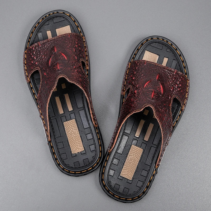 Genuine Leather Men Slippers Crocodile Grain Slip On Slipper Man Summer Shoes For Men Slides Casual