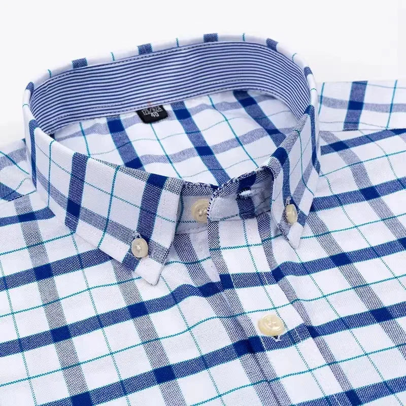 100% Cotton Men Oxford Shirt Short Sleeve Summer Plaid Striped Male Clothes Business Regular Fit Dress Shirt Oversized 7XL 6XL