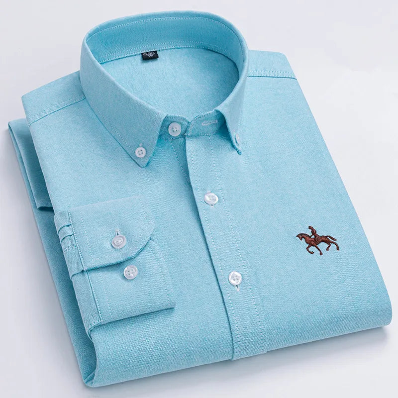 100% Cotton Oxford Shirt Men's Long Sleeve Embroidered Horse Casual Without Pocket Solid Yellow Dress Shirt Men Plus Size S-6XL