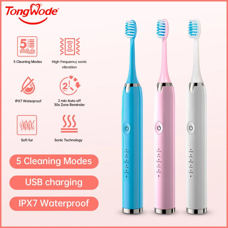 Tongwode Electric Sonic Toothbrush USB Rechargeable Waterproof Electronic Ultrasonic Whitening Tooth Brushes Replacement Heads