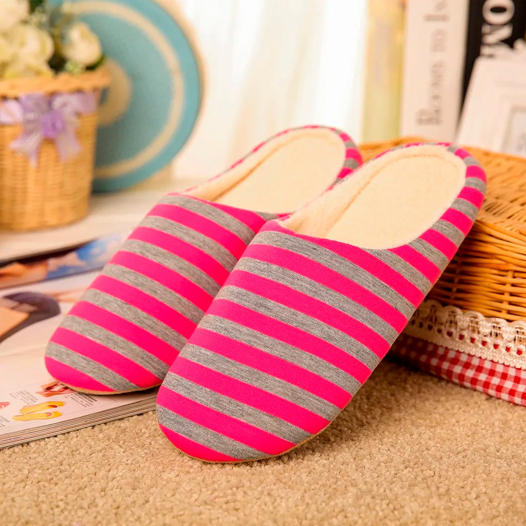 Women House Shoes 2024 Soft Striped Indoor Mute Cotton Slippers Non-Slip Slippers Warm Plush Unisex Comfort Home Floor Slipper