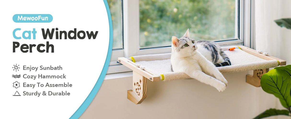 Mewoofun Sturdy Cat Window Perch Hammock Bed with Wood Metal Frame for Cats Easy to Assemble for Windowsill Bedside and Cabinet