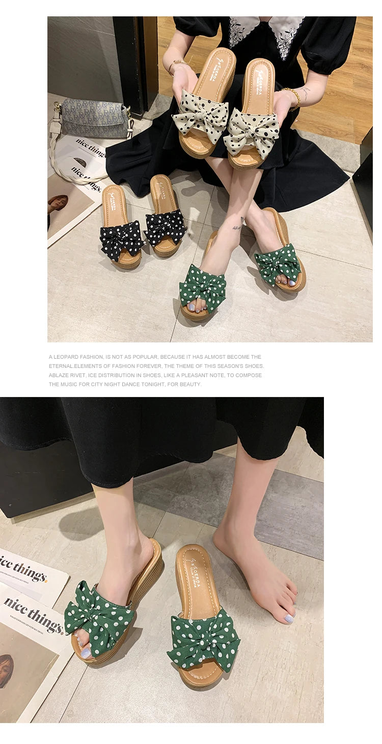 Aphixta 7cm Platform Wedge Slippers Women Shoes Butterfly-knot Clog Riband Polka Dot Snowflake Fabric Bow Flip Flop Light Slide