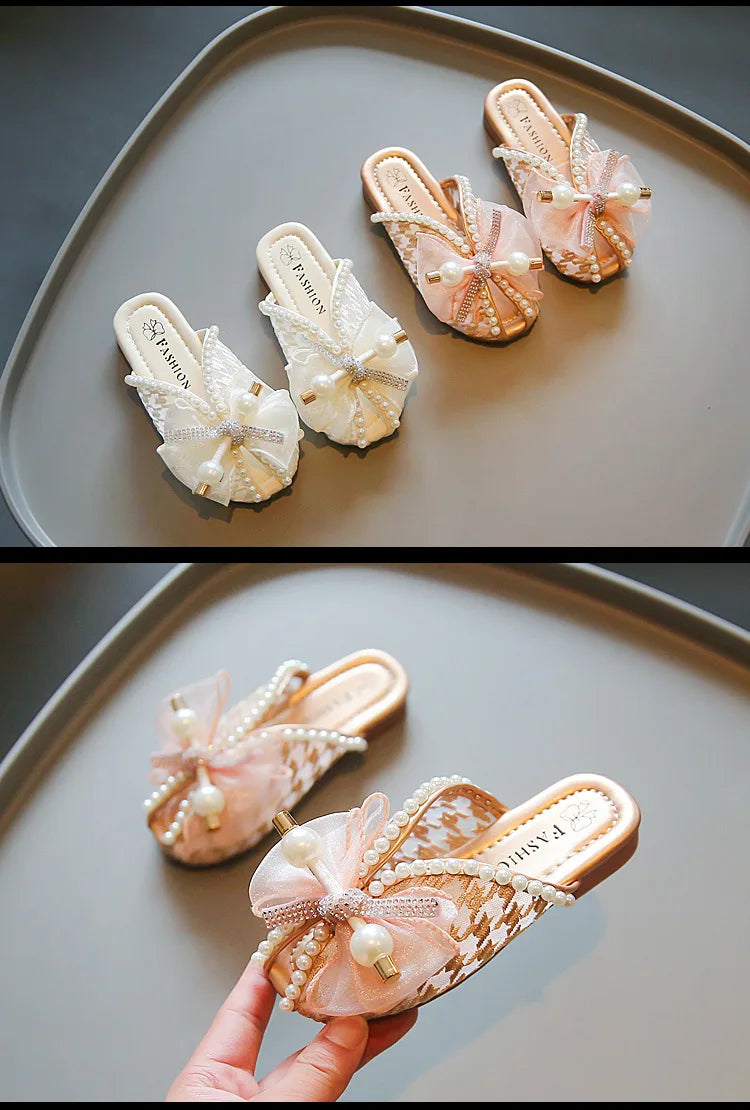 슬리퍼 Children's Slippers Summer New Bow Girl Princess Shoes Soft Sole Home Shoes Flat Kids Shoes Fashion Girl Slippers flip flops