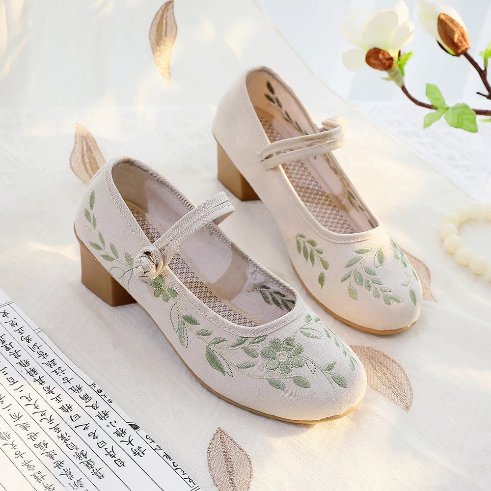 Veowalk  4cm Block Heels Women Cotton Embroidered Mary Jane Shoes Elegant Soft Comfortable Retro Costume Pumps White Beige