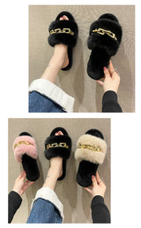 Fluffy Slippers Home Winter Casual Chain Designer Shoes Women 2024 Indoor Platform Plush Slides Girls Fashion Elegant Large Size