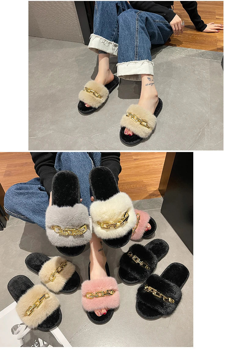 Fluffy Slippers Home Winter Casual Chain Designer Shoes Women 2024 Indoor Platform Plush Slides Girls Fashion Elegant Large Size