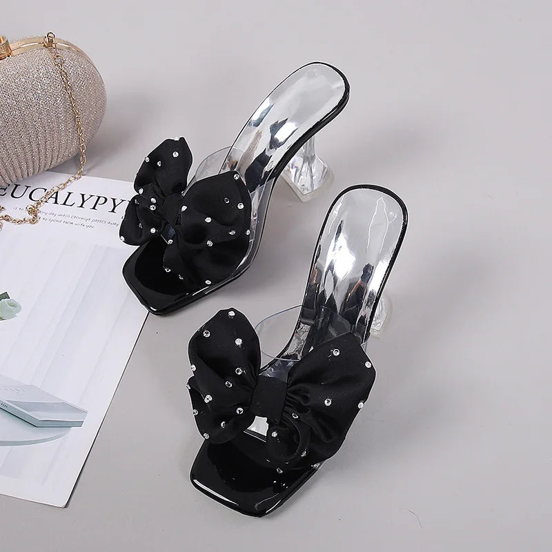 2023 Fashion Crystal Bow High Heels Slippers Shoes for Woman Sexy PVC Transparent Sandals Women Slides Open Toe Pumps Blue Black