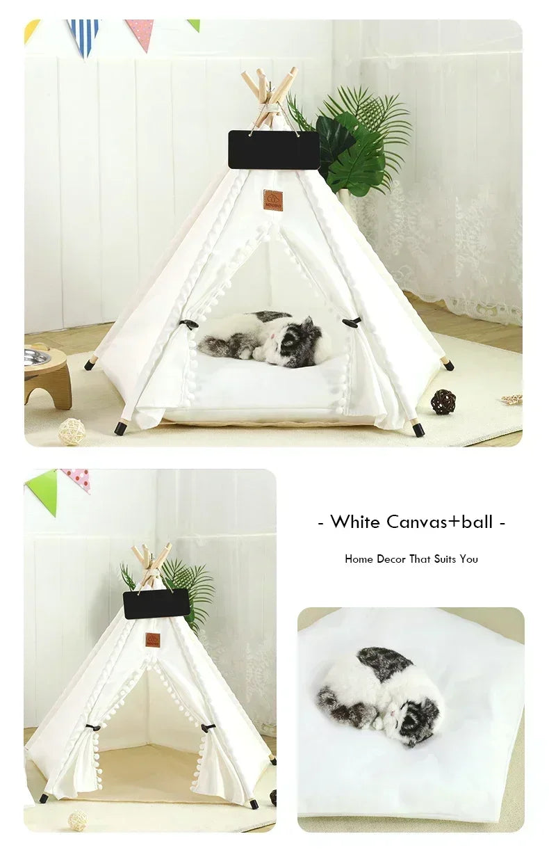 Pet Teepee Tent for Cats and Dogs Portable Removable Washable Dog House Indoor Puppies House with Cushion and Blackboard Cat Bed