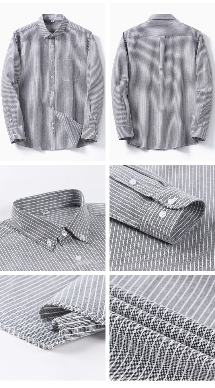 Men's Cotton Blend Long Sleeve Striped Oxford Woven Shirt Front Patch Chest Pocket Button-down Spring Autumn Casual Shirts