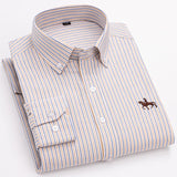 S~6XL Cotton Oxford Shirt For Mens Long Sleeve Plaid Striped Casual Shirts Male Pocket Regular-Fit Button-Down Work Man Shirt