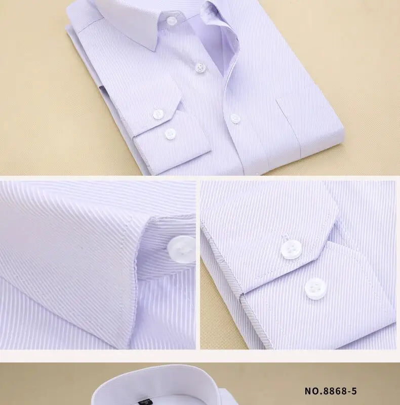 8XL Plus Size Men's Top Quality Dress Shirts Long Sleeve Slim Fit Solid Striped Business Formal White Shirt Male Social Clothing