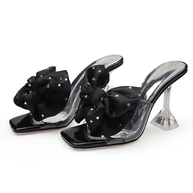 2023 Fashion Crystal Bow High Heels Slippers Shoes for Woman Sexy PVC Transparent Sandals Women Slides Open Toe Pumps Blue Black