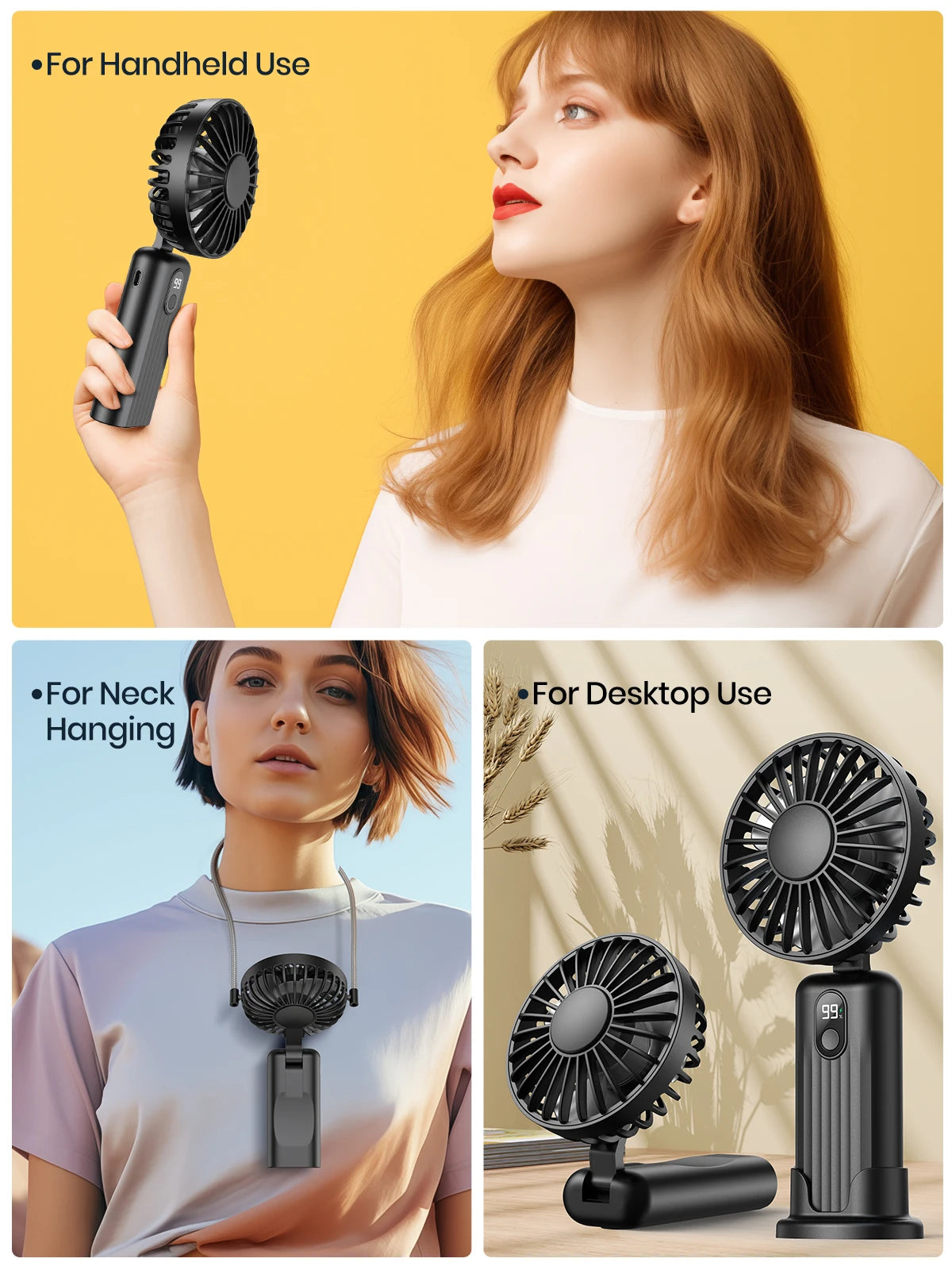 TOPK Portable Mini Fan,2400mAh USB Rechargeable Hand Neck Fan 3in1 Personal Electric Fan Standing Fans for Room Camping Foldable