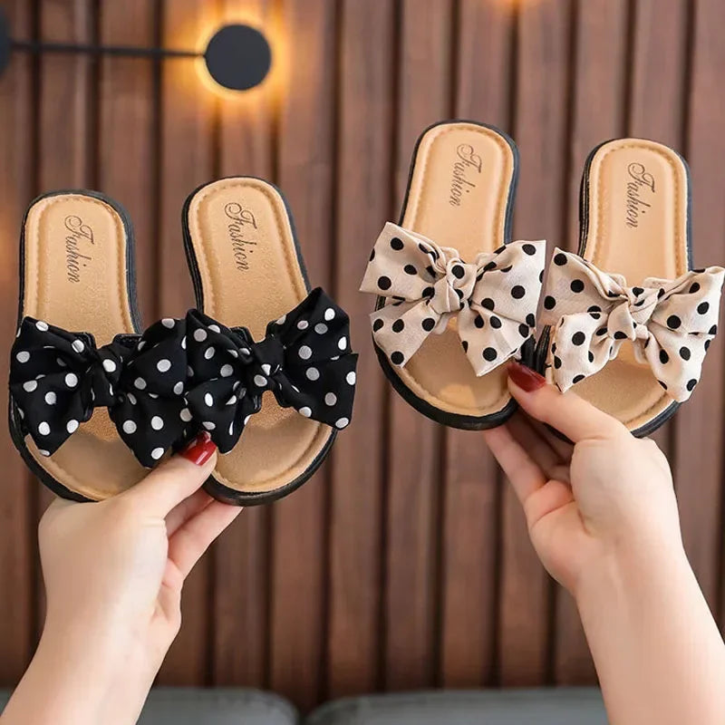 2023 New Bow Flats Open Toe Slide Sandals Non-slip Flip Flops Children Home Slippers Kids Girls Summer Cute Beach Slippers Shoe