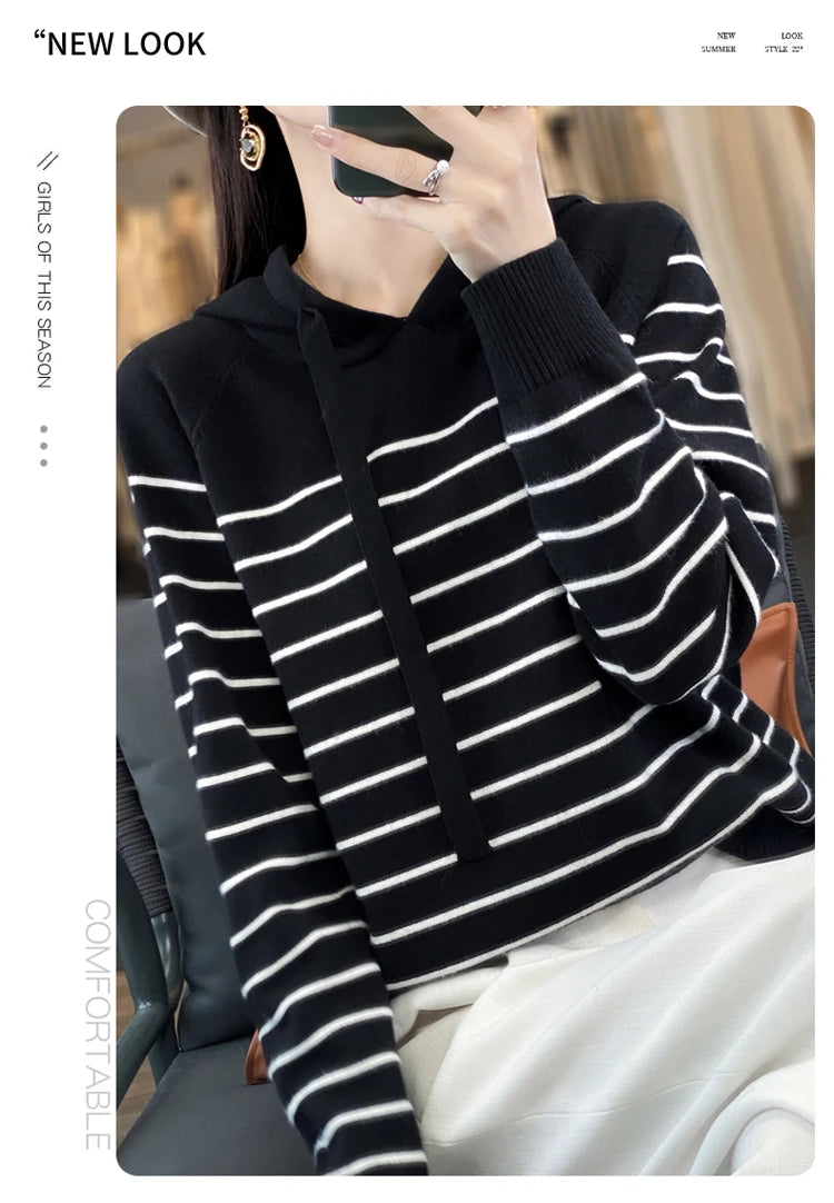 New Striped Wool Hoodies And Sweatshirts For Women Long Sleeve Sweaters Knitted Jumpers Female Outerwears Fashion Hoody Clothing