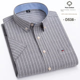 100% Cotton Breathable Men Oxford Short Sleeve Summer Plaid Striped Male Shirt Business Regular Fit Oversized Clothes