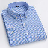 100% Cotton Men Oxford Shirt Short Sleeve Summer Plaid Striped Male Clothes Business Regular Fit Dress Shirt Oversized 7XL 6XL