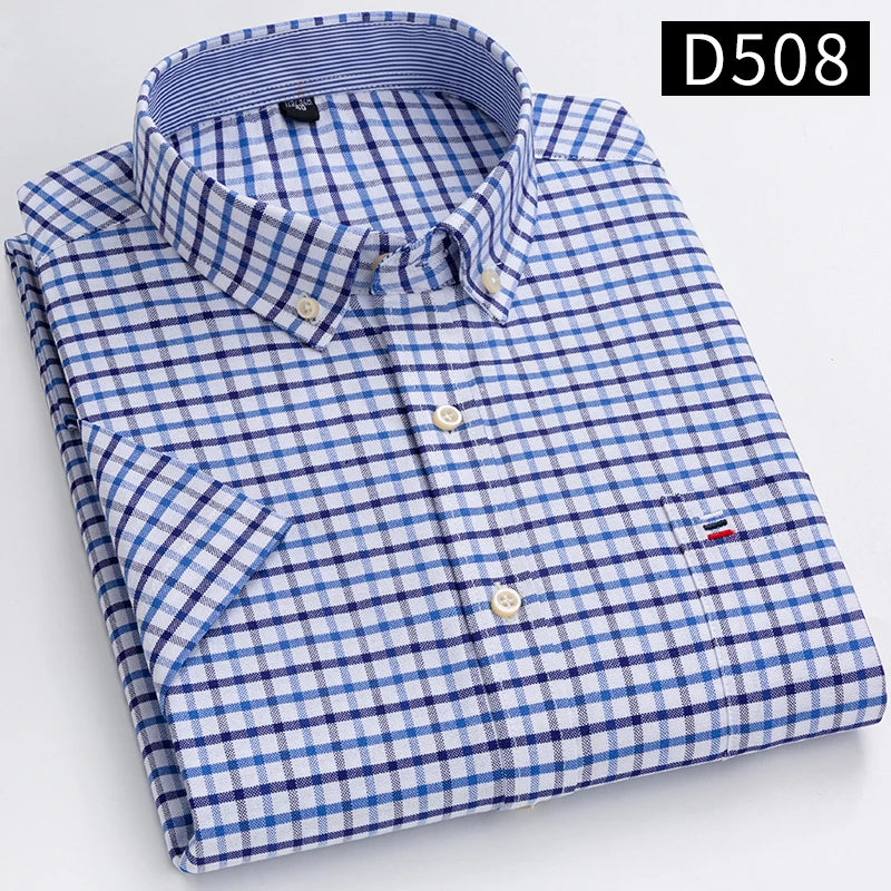 100% Cotton Breathable Men Oxford Short Sleeve Summer Plaid Striped Male Shirt Business Regular Fit Oversized Clothes