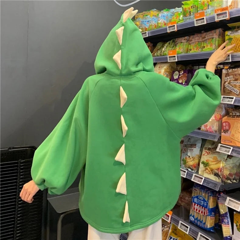 Autumn Women Cartoon Dinosaur Horn Cap Hoodies Harajuku Sweatshirts Cute Front Short Back Long Pullover Casual Loose Tracksuit