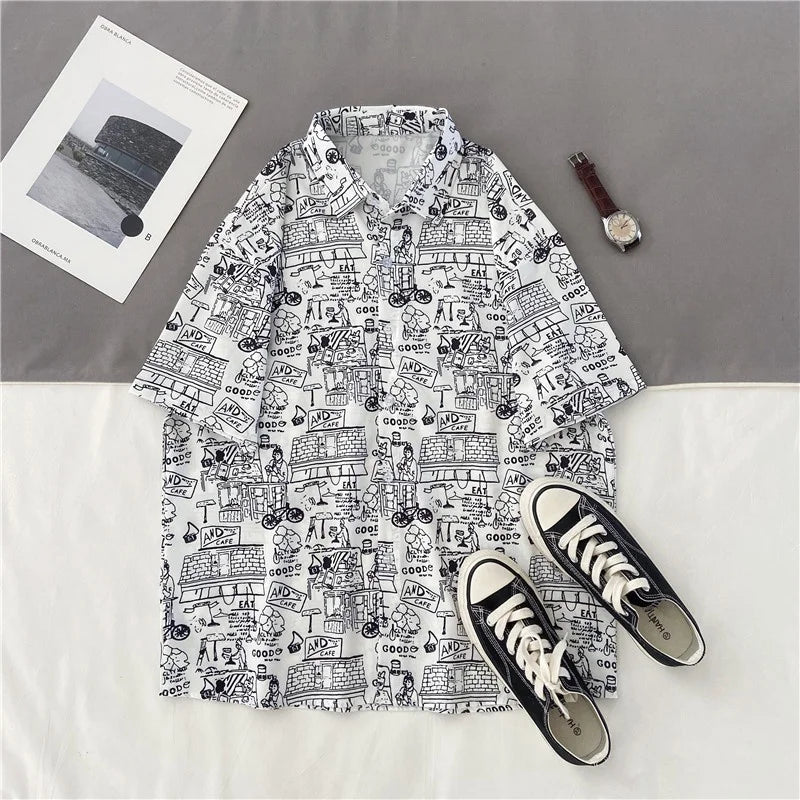 Men Street Fashion Summer Daily Shirt Hawaiian Cartoon Print Casual Loose Shirts Short Sleeve Beach Loose Tops