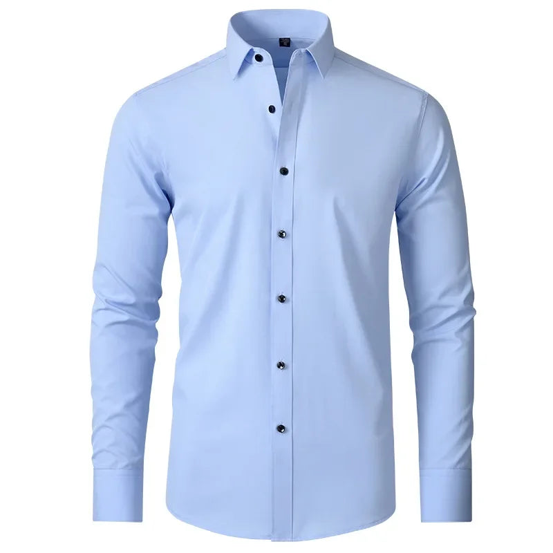 6xl New Spring and summer  elastic force non-iron men's long-sleeved business casual shirt solid color mercerized vertical shirt