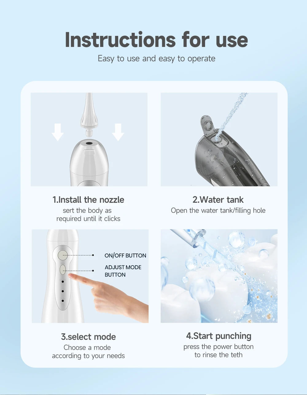 Water Dental Flosser Teeth Picks 4 Jets 3 Modes Portable Cordless D52 Water Flosser for Teeth Cleaner IPX7 Waterproof Oral Picks